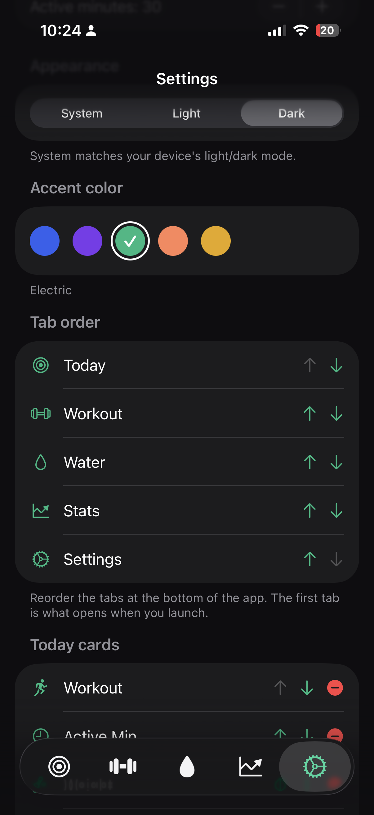 BuiltDaily Settings screen with appearance, accent, and tab order controls