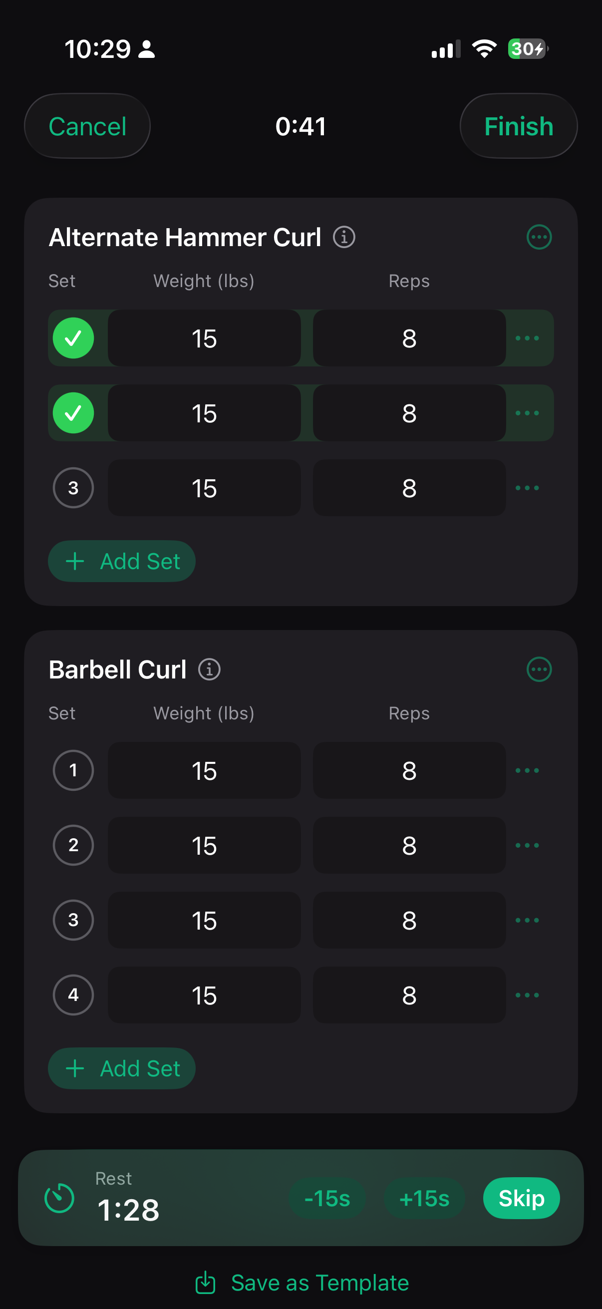 BuiltDaily live workout session with set tracking and rest timer