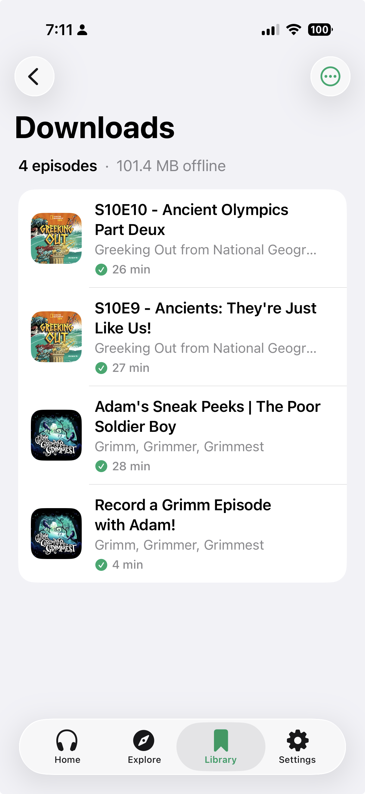 PodFocus Downloads screen — four episodes saved for offline with sizes and durations