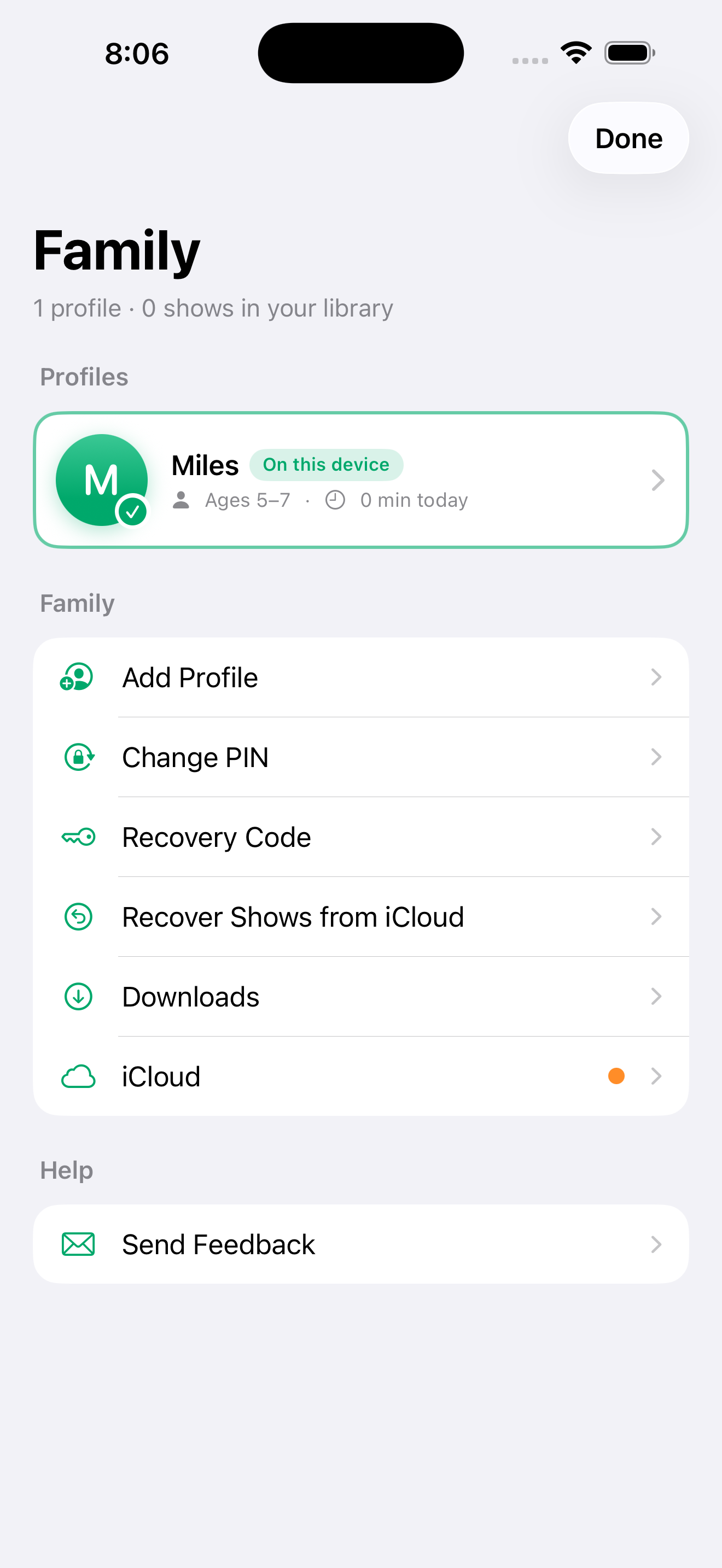 PodFocus parent zone — Add Profile, Change PIN, Recovery Code, Downloads, and iCloud rows