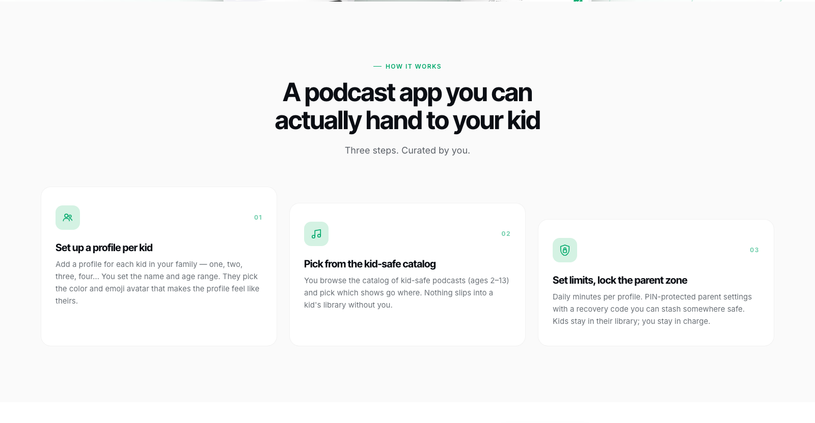 PodFocus marketing site — 'A podcast app you can actually hand to your kid' with three numbered setup cards