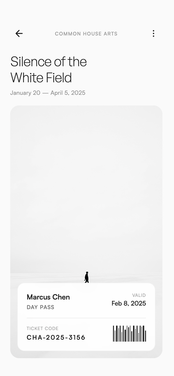 Common House Arts — 'Silence of the White Field' day-pass screen with minimalist photographic artwork