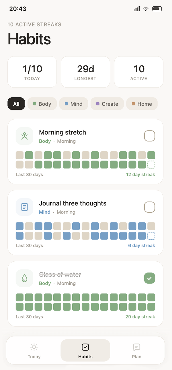 Habit app — Habits screen with 30-day streak grids per habit
