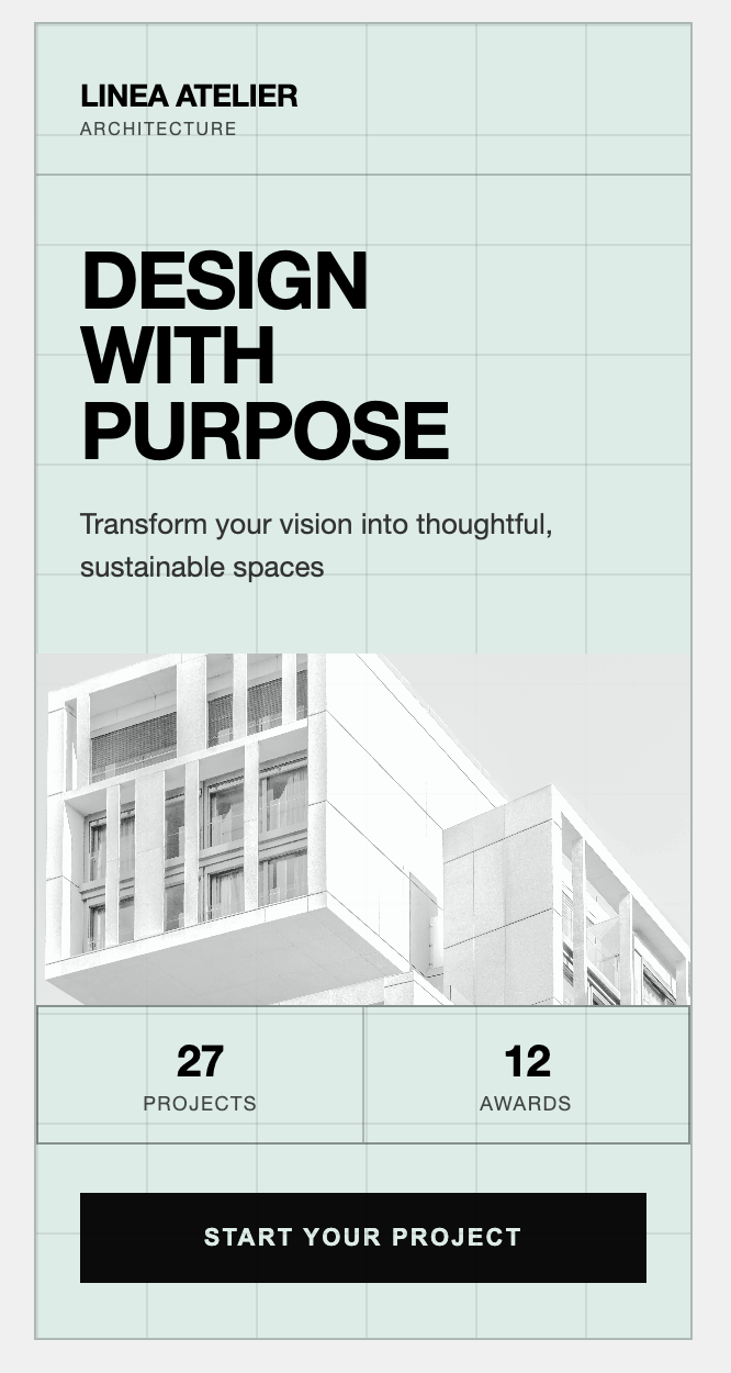 LINEA Atelier — 'Design with Purpose' mint poster with grid overlay and architectural facade