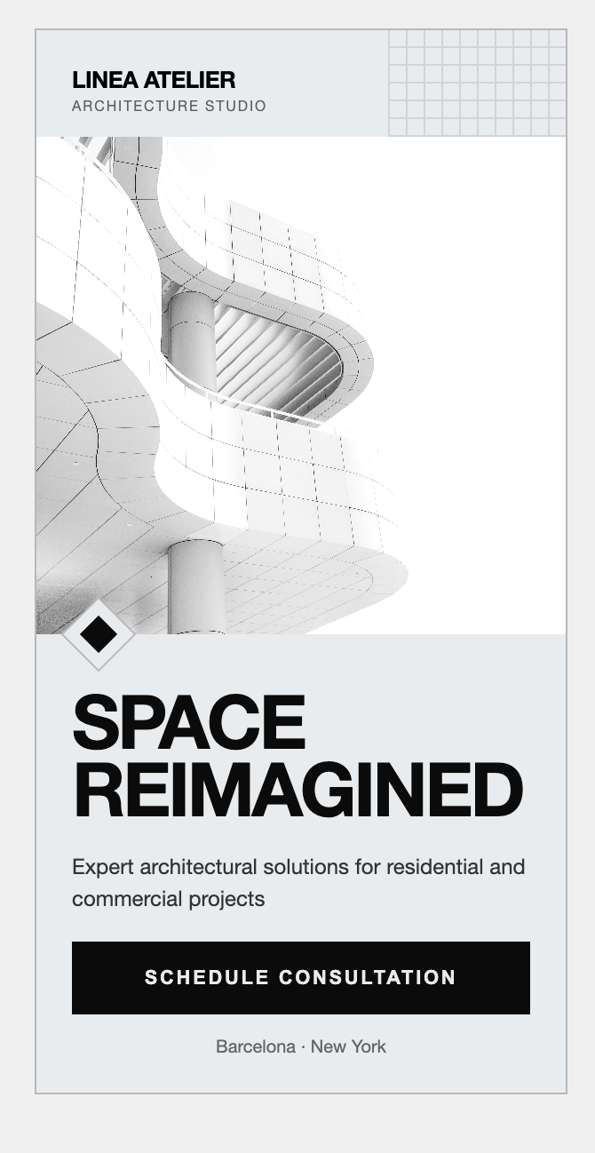 LINEA Atelier — 'Space Reimagined' poster with curved facade photo