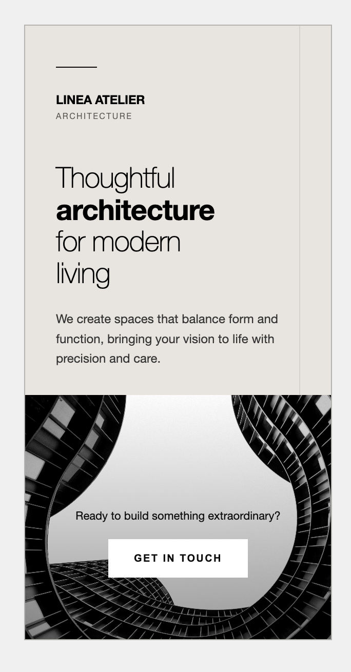 LINEA Atelier — 'Thoughtful Architecture for Modern Living' poster with stacked-form study