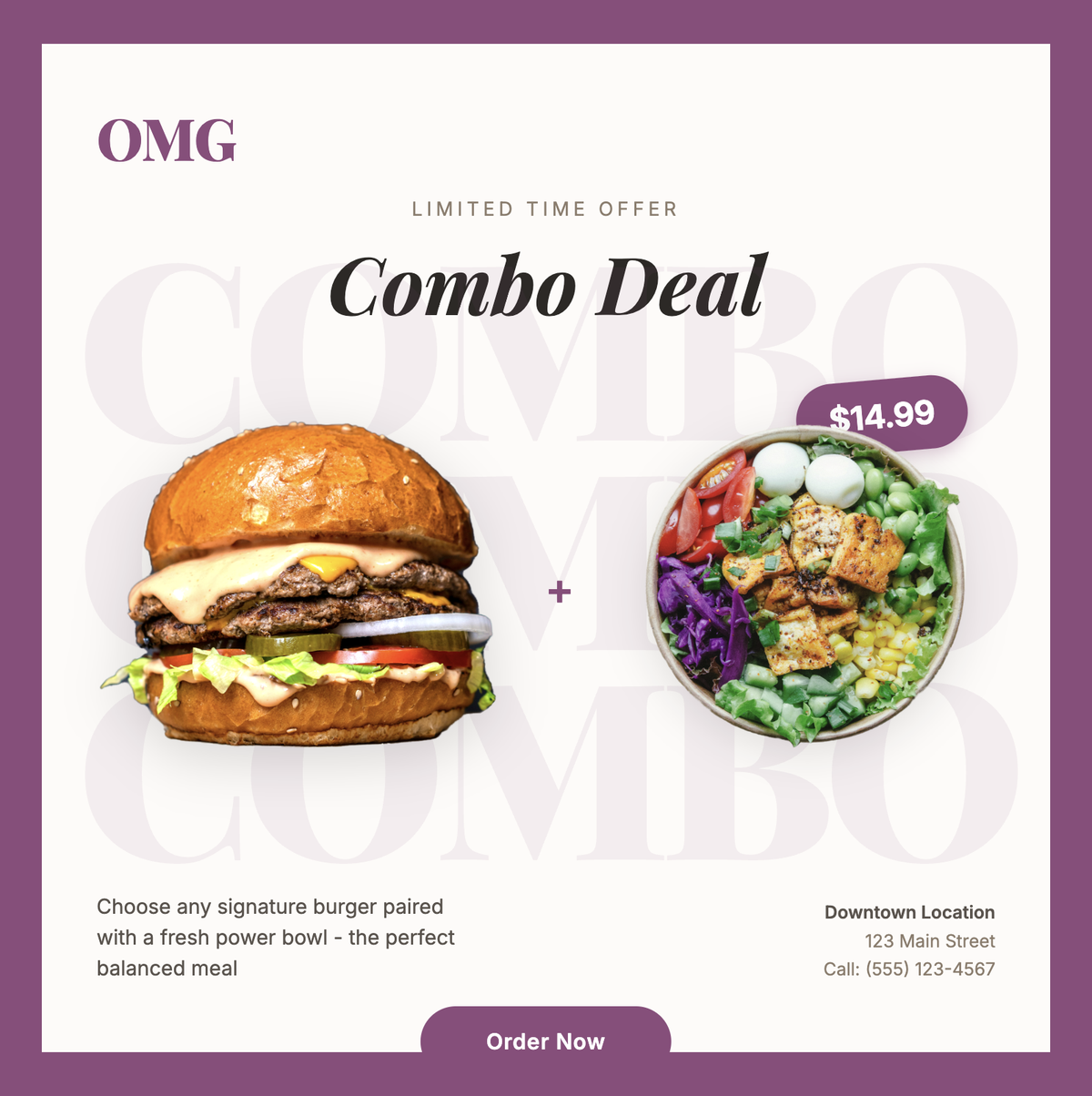OMG — 'Combo Deal' square social poster pairing burger and bowl, plum border