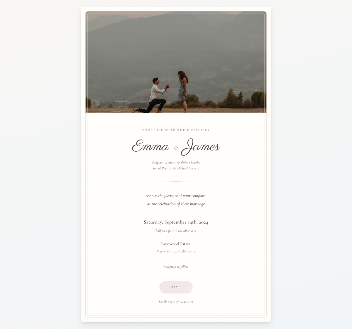 Emma & James — wedding invitation with hilltop proposal photo and script lockup