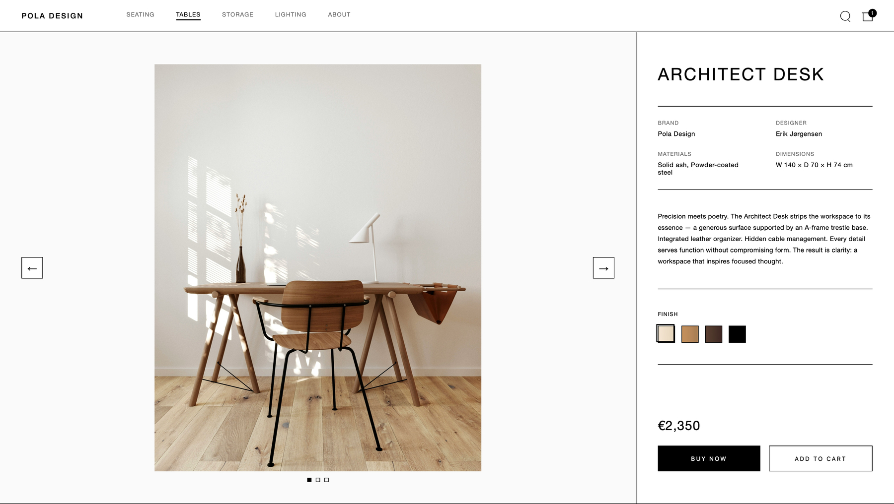 POLA Design — Architect Desk product detail page with sunlit workspace photo