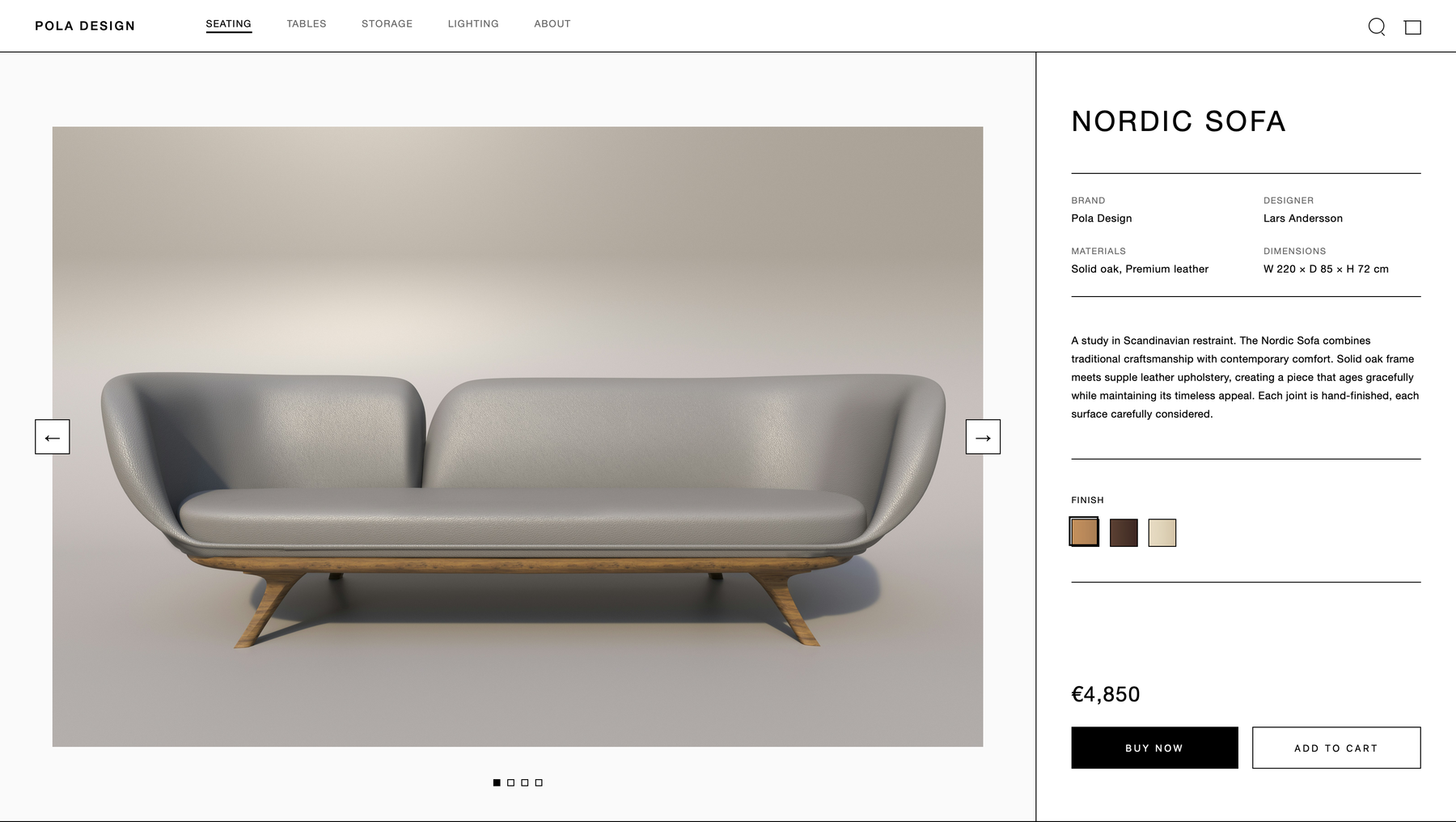 POLA Design — Nordic Sofa product detail page with editorial layout
