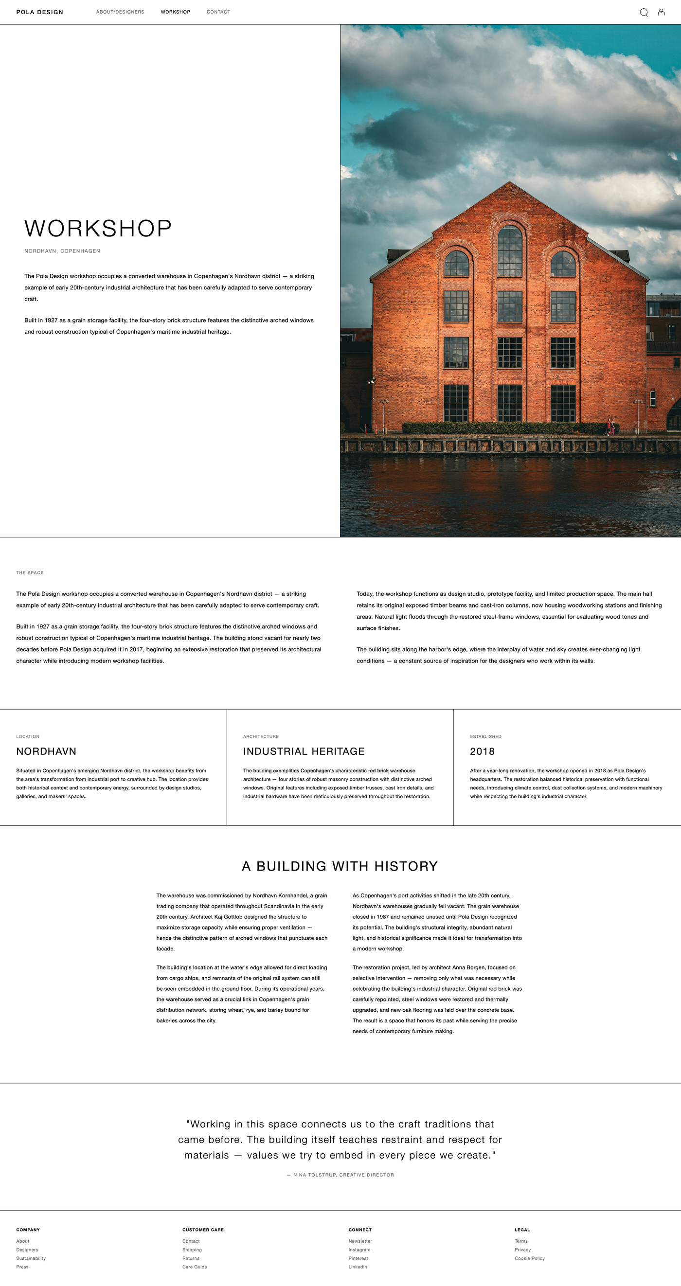 POLA Design — Workshop story page with brick exterior hero and 'A Building With History' editorial