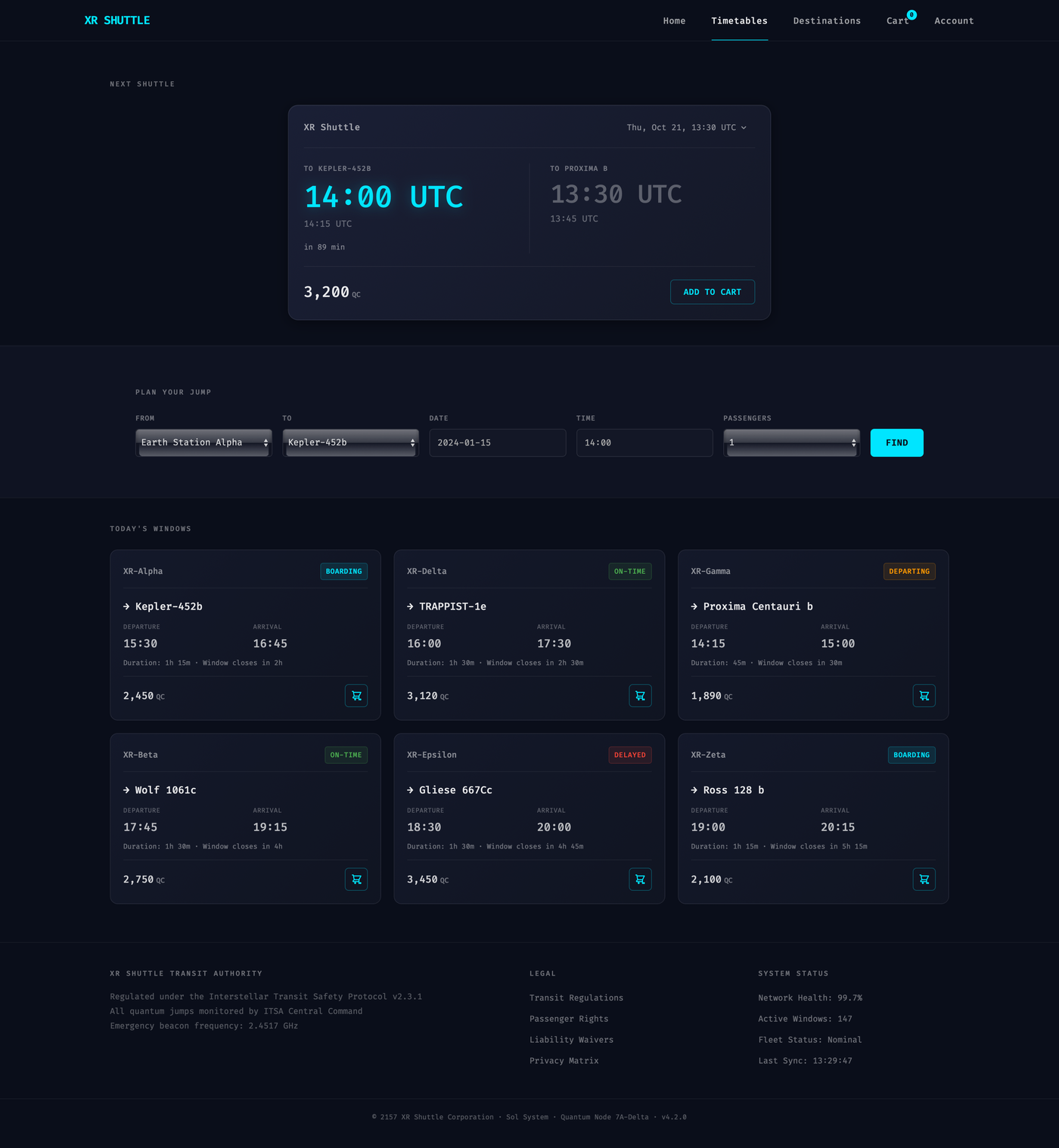 XR Shuttle — interstellar transit timetables with origin/destination cards and trip slots