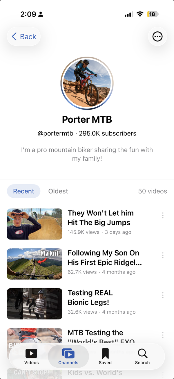 VideoFocus channel detail — Porter MTB profile with avatar, bio, and full video list