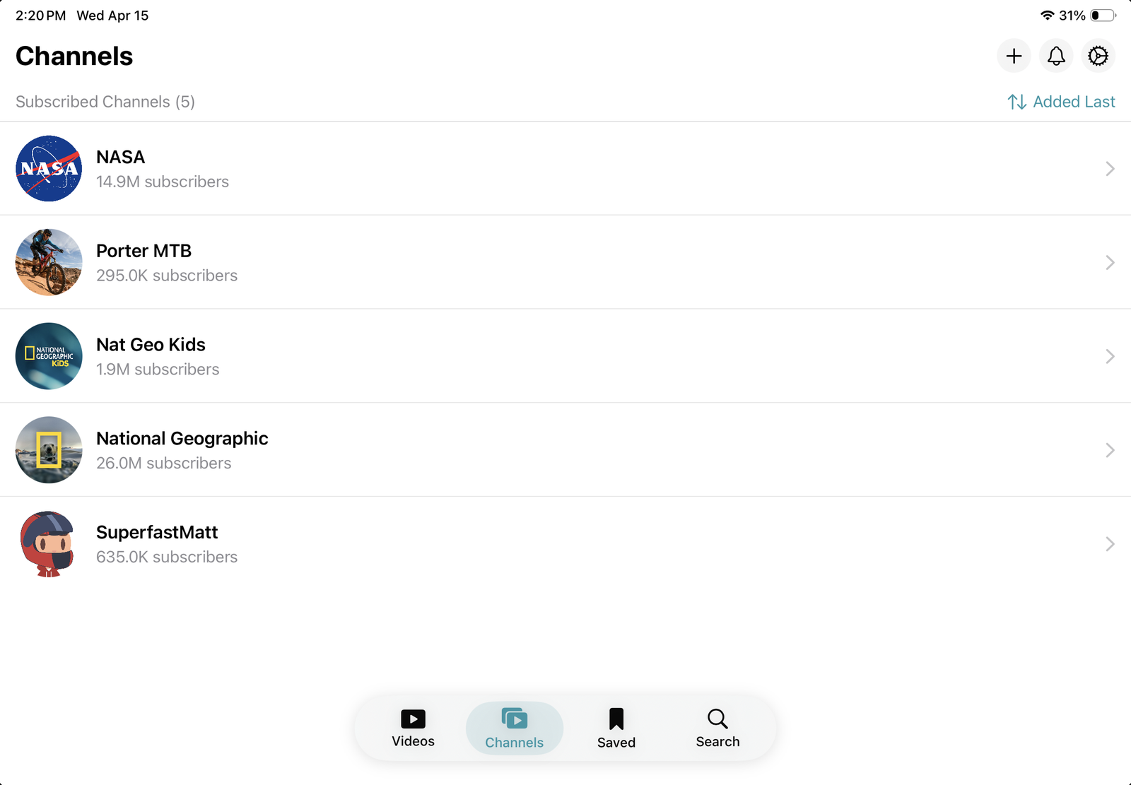 VideoFocus on iPad — Channels list in landscape with floating tab bar at the bottom