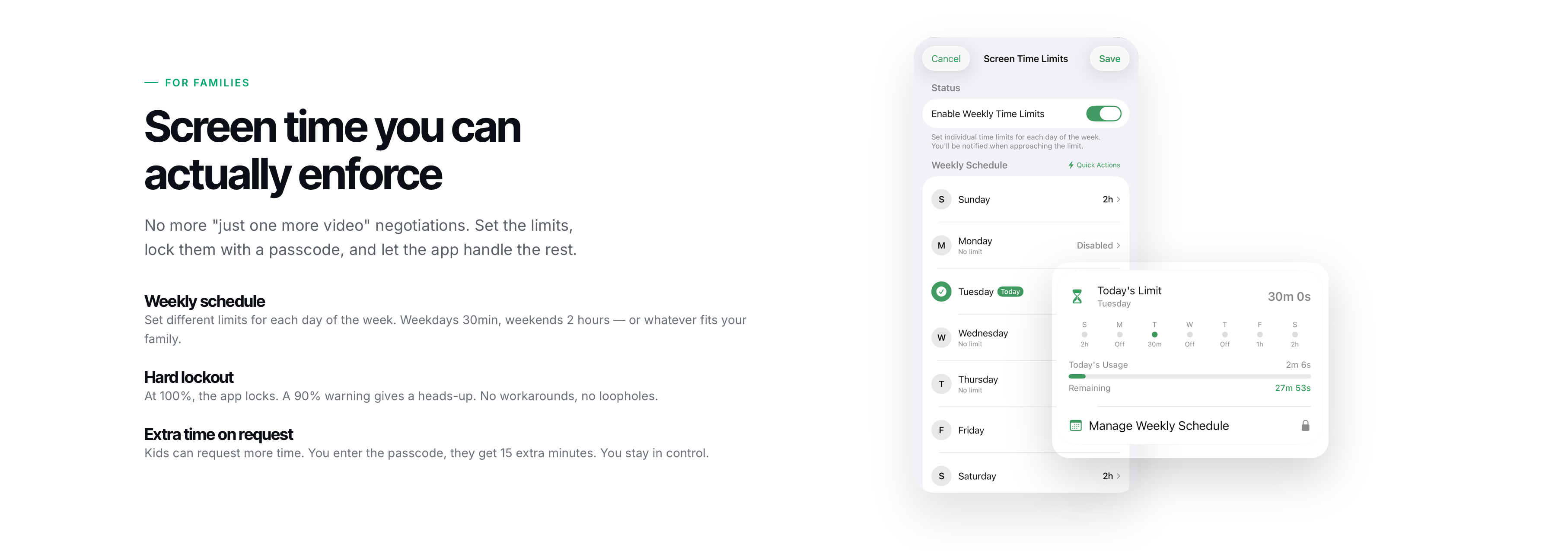 VideoFocus marketing site — 'Screen time you can actually enforce' for families, with weekly schedule, hard lockout, and extra-time-on-request explained beside an iPhone Screen Time Limits screenshot