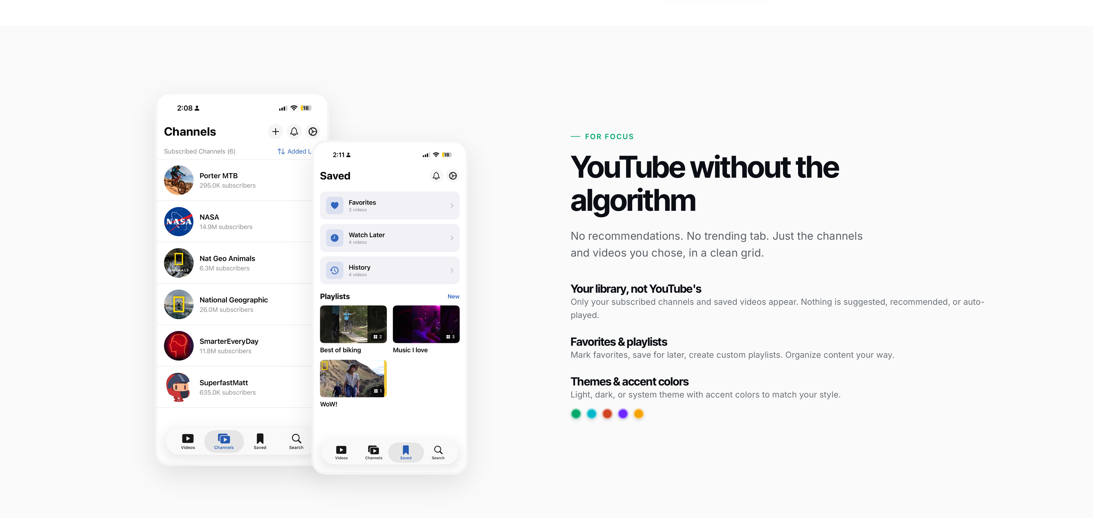 VideoFocus marketing site — 'YouTube without the algorithm' for focused grownups, with two iPhones showing Channels and Saved tabs